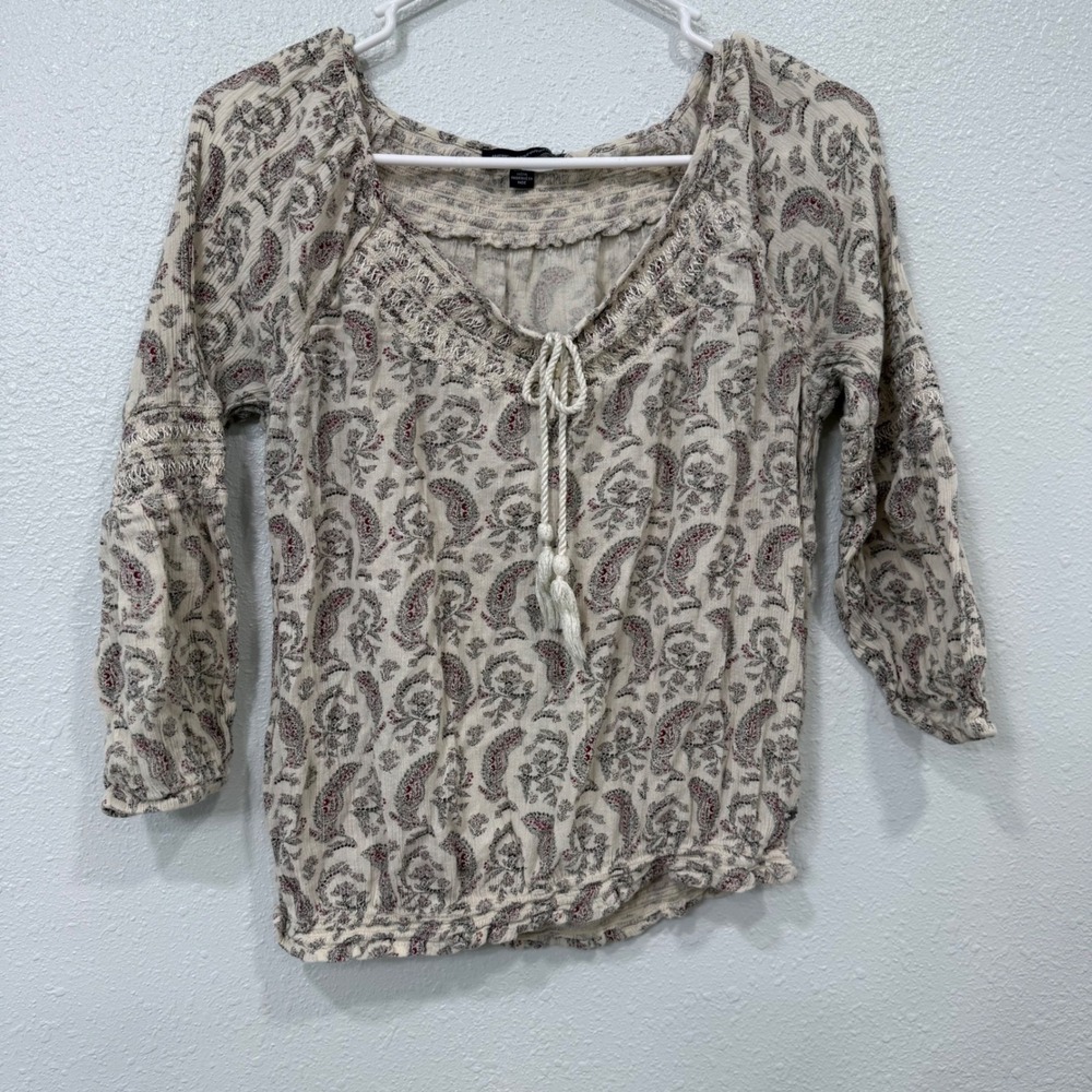 American Eagle Paisley Peasant Blouse Tassel Tie Smocked Hem Top Small